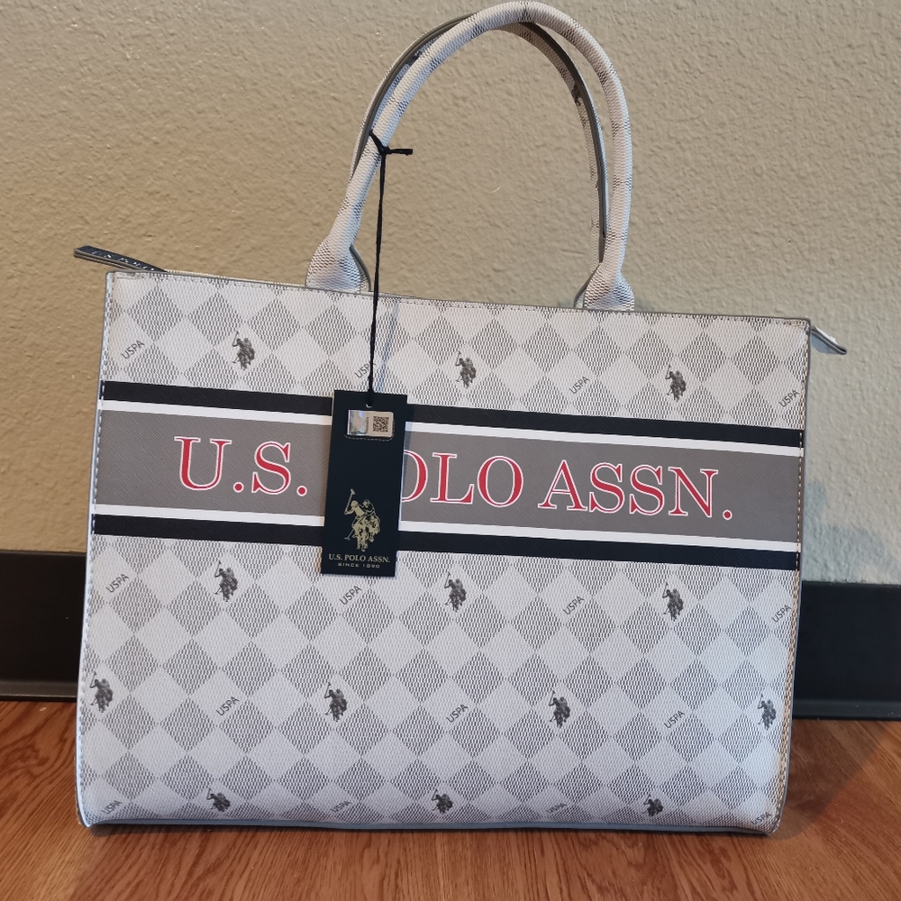 US POLO ASSN. DIAMOND STRIPE BOOK TOTE WITH CROSSBODY STRAP × GREY / 1SZ